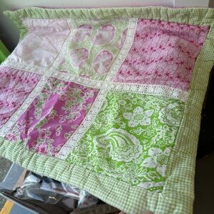 Handmade Quilted Patchwork Pillow Cover/Sham Green Gingham Lace Trim Cottagecore